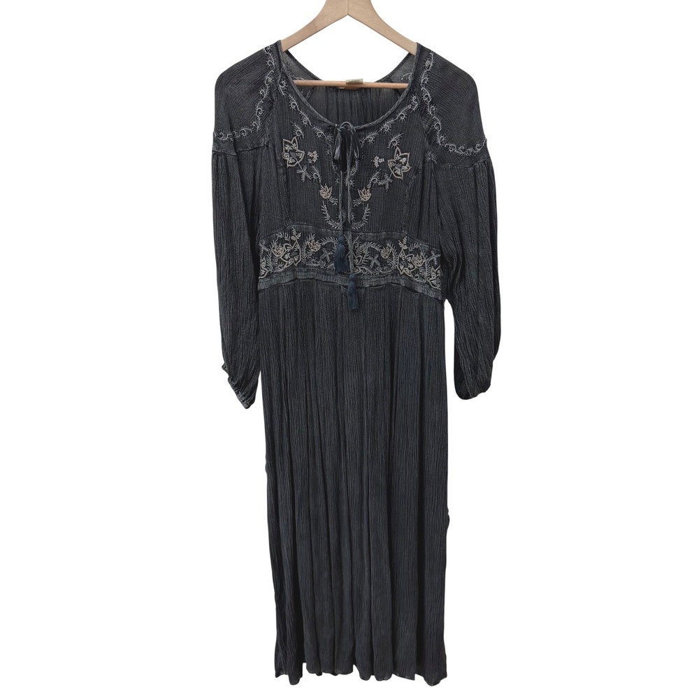 Sweet Magnolia Maxi Dress XXL Charcoal Grey Embroidered Boho Peasant Tassels